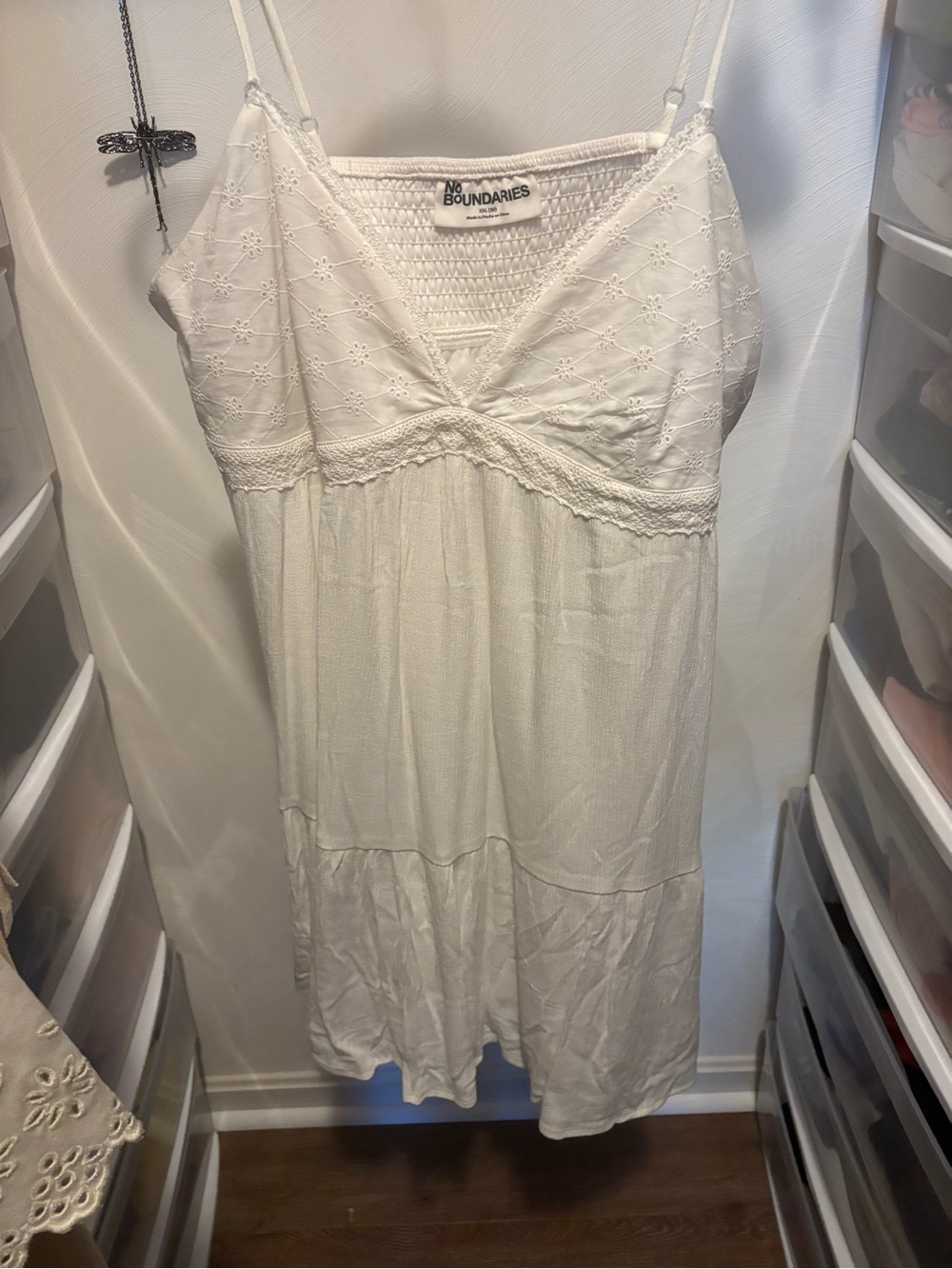 No Boundaries White Eyelet Midi Sundress with Spaghetti Straps